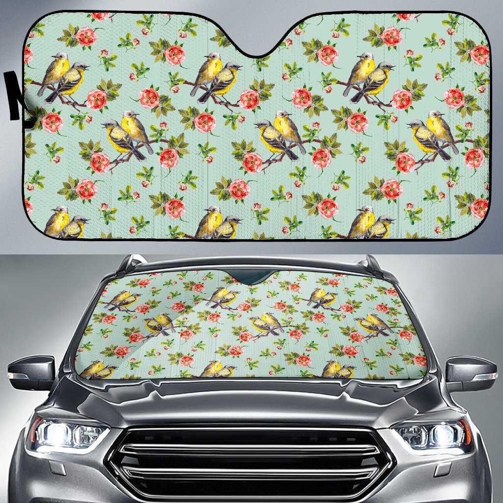 Bird with Red Flower Print Pattern Car Sun Shade For Windshield