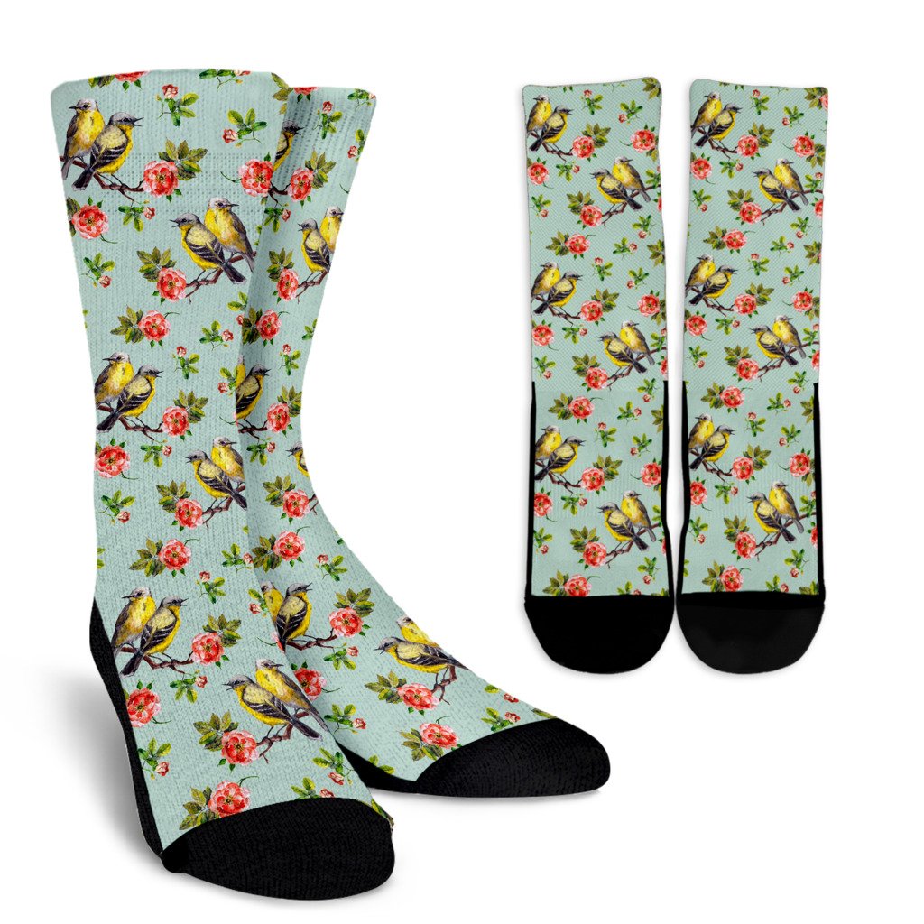 Bird with Red Flower Print Pattern Crew Socks