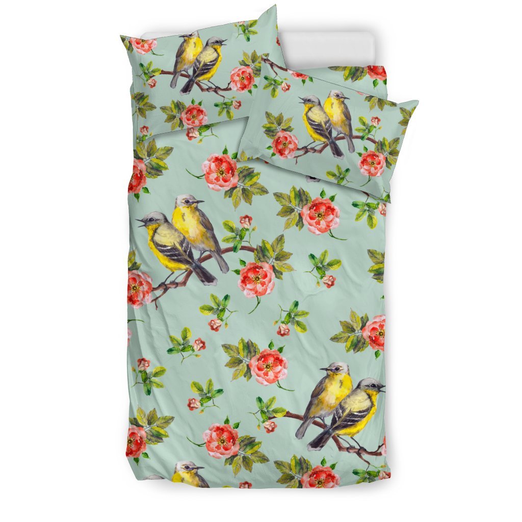 Bird With Red Flower Print Pattern Duvet Cover Bedding Set
