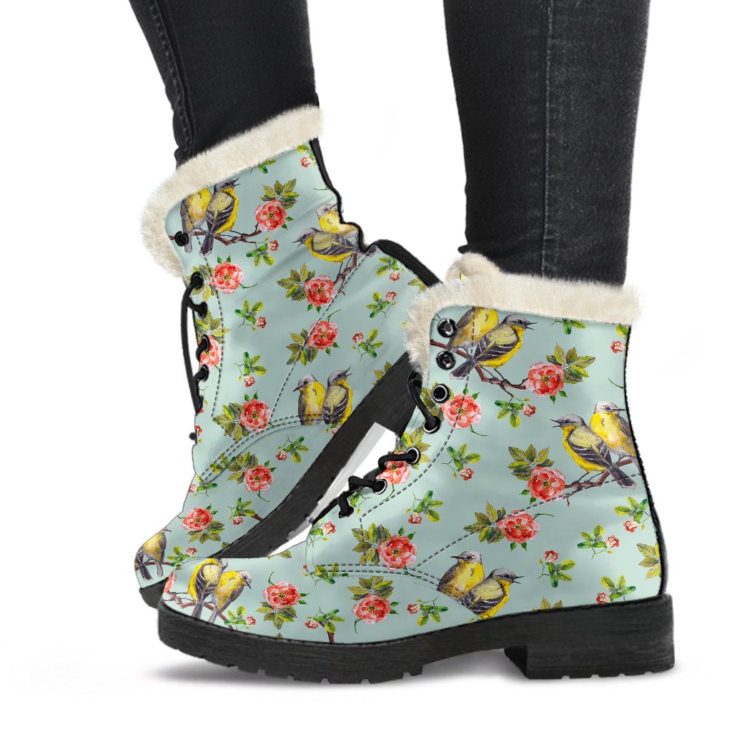 Bird with Red Flower Print Pattern Faux Fur Leather Boots-JTAMIGO.COM