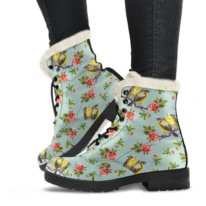 Bird with Red Flower Print Pattern Faux Fur Leather Boots-JTAMIGO.COM