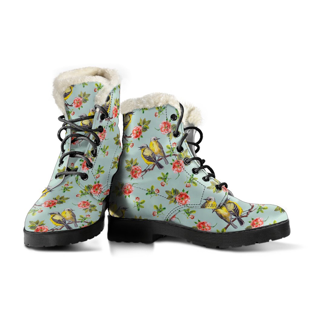 Bird with Red Flower Print Pattern Faux Fur Leather Boots-JTAMIGO.COM