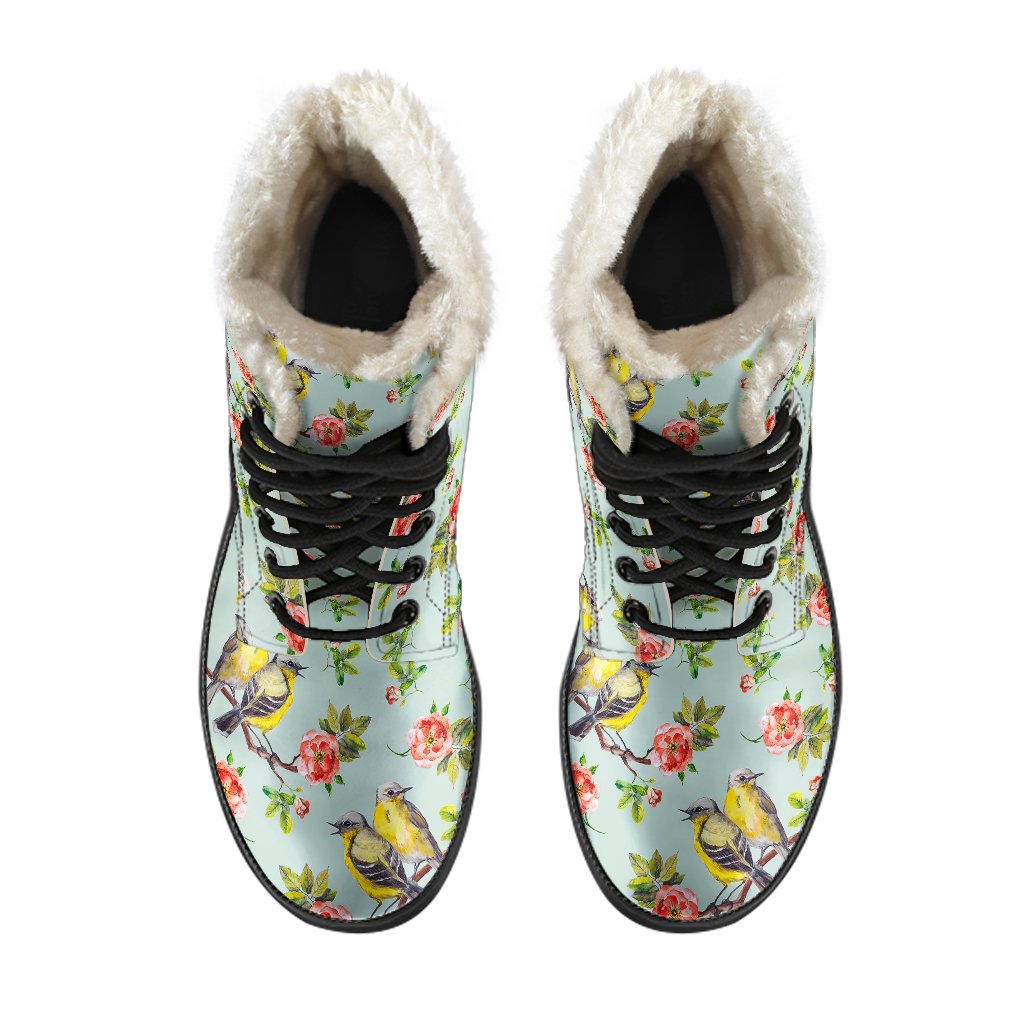 Bird with Red Flower Print Pattern Faux Fur Leather Boots-JTAMIGO.COM