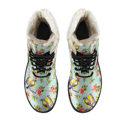 Bird with Red Flower Print Pattern Faux Fur Leather Boots-JTAMIGO.COM