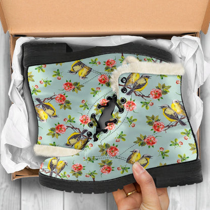 Bird with Red Flower Print Pattern Faux Fur Leather Boots-JTAMIGO.COM