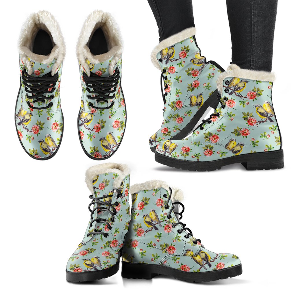 Bird with Red Flower Print Pattern Faux Fur Leather Boots-JTAMIGO.COM