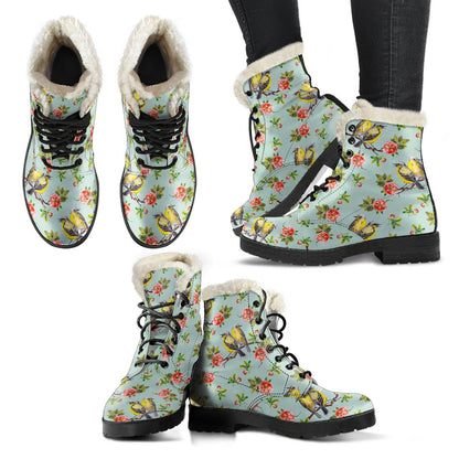 Bird with Red Flower Print Pattern Faux Fur Leather Boots-JTAMIGO.COM