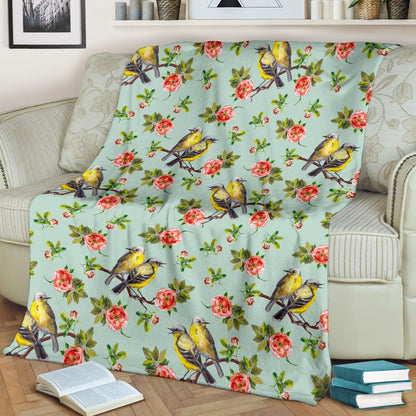 Bird With Red Flower Print Pattern Fleece Blanket
