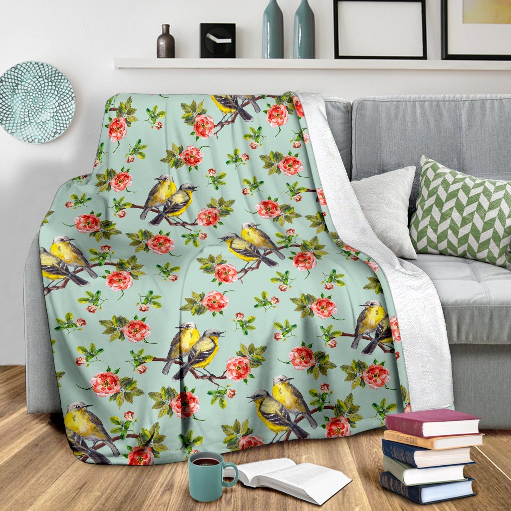Bird With Red Flower Print Pattern Fleece Blanket