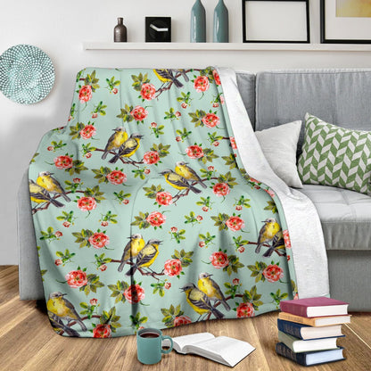 Bird With Red Flower Print Pattern Fleece Blanket