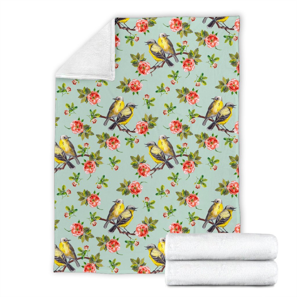 Bird With Red Flower Print Pattern Fleece Blanket