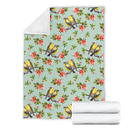 Bird With Red Flower Print Pattern Fleece Blanket