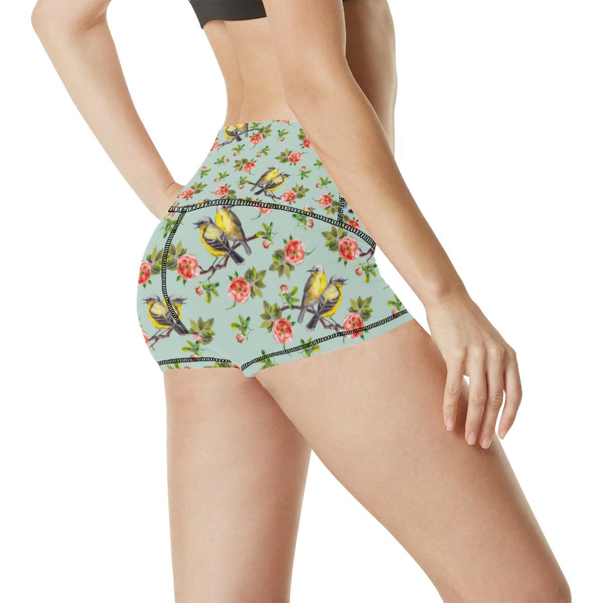 Bird with Red Flower Print Pattern High Waisted Spandex Shorts-JTAMIGO.COM