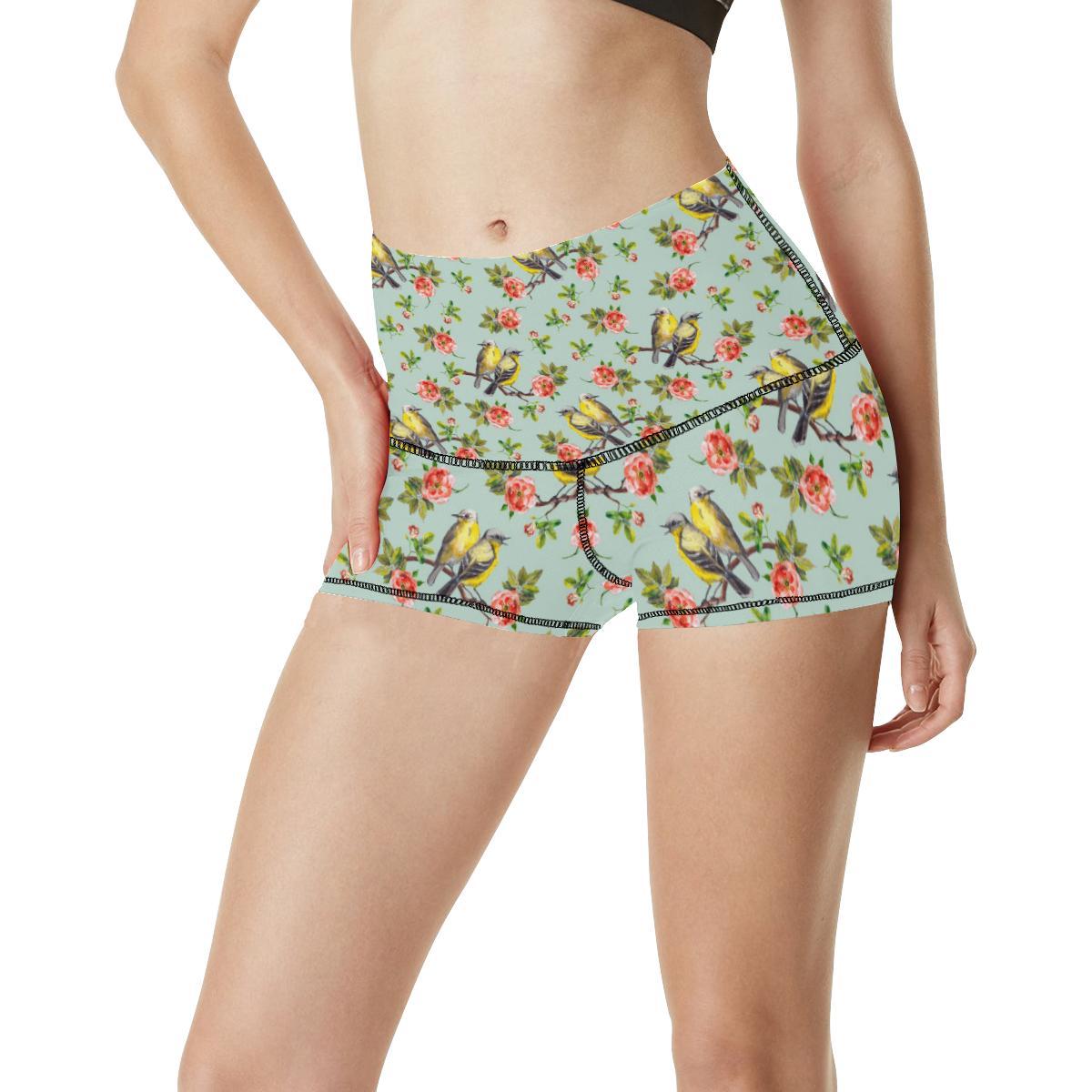 Bird with Red Flower Print Pattern High Waisted Spandex Shorts-JTAMIGO.COM