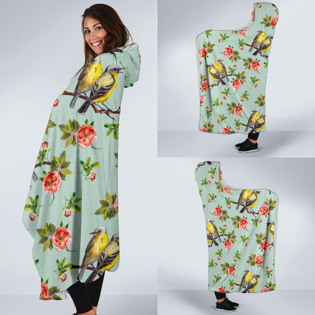 Bird with Red Flower Print Pattern Hooded Blanket-JTAMIGO.COM