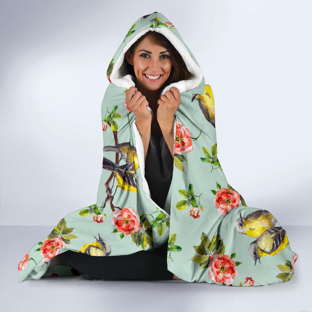 Bird with Red Flower Print Pattern Hooded Blanket-JTAMIGO.COM