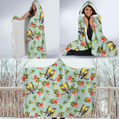 Bird with Red Flower Print Pattern Hooded Blanket-JTAMIGO.COM