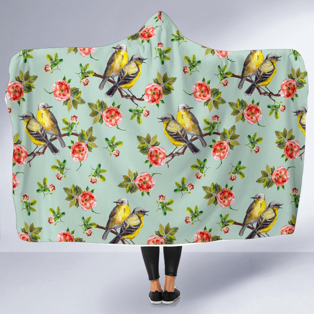 Bird with Red Flower Print Pattern Hooded Blanket-JTAMIGO.COM