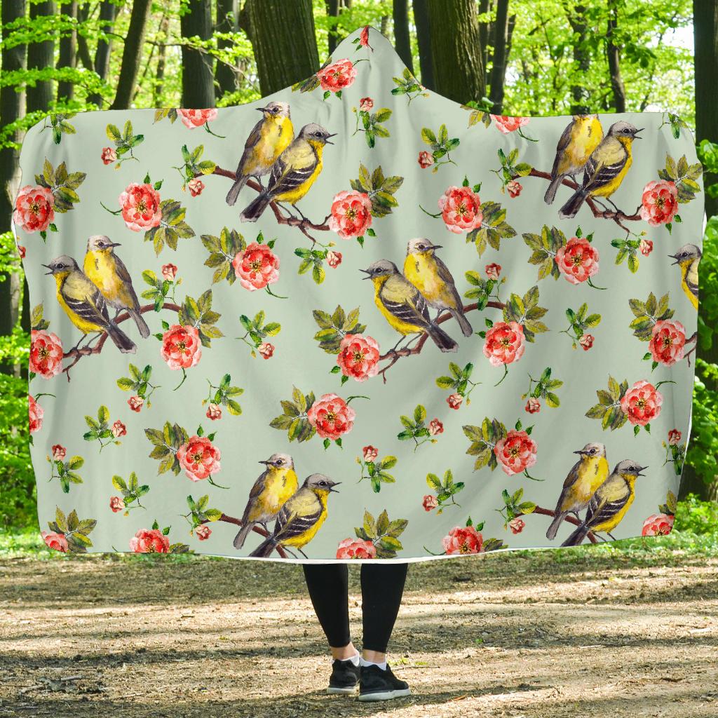 Bird with Red Flower Print Pattern Hooded Blanket-JTAMIGO.COM