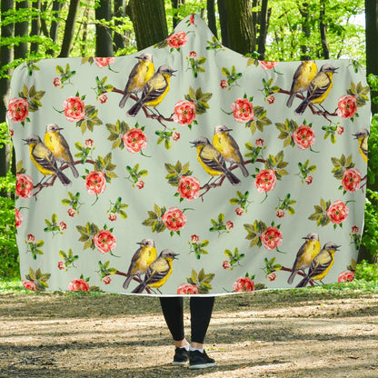 Bird with Red Flower Print Pattern Hooded Blanket-JTAMIGO.COM