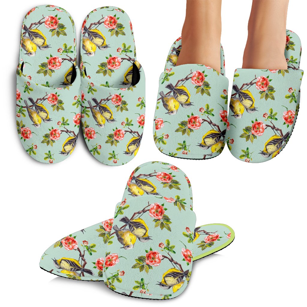 Bird with Red Flower Print Pattern House Slippers