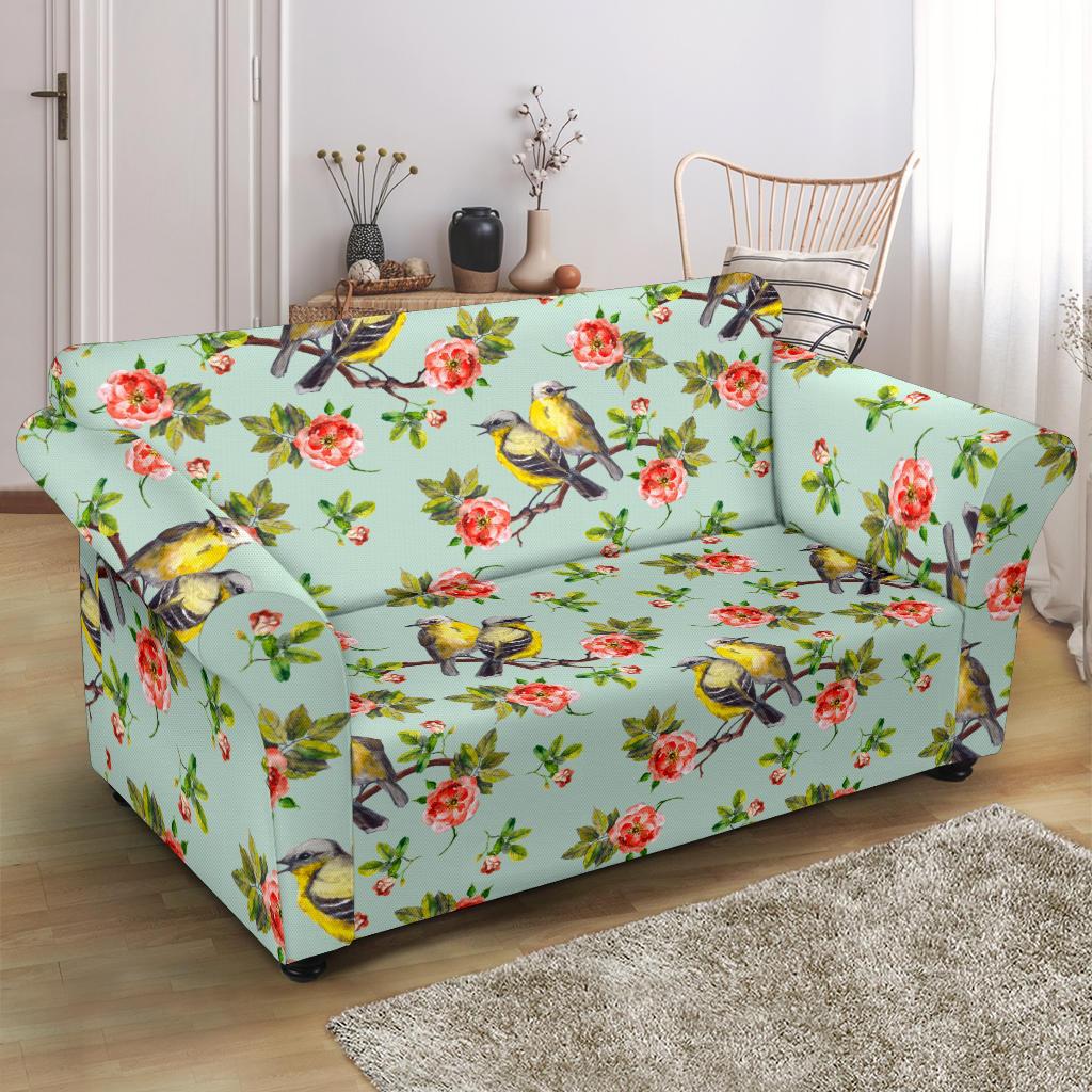 Bird with Red Flower Print Pattern Loveseat Slipcover-JTAMIGO.COM