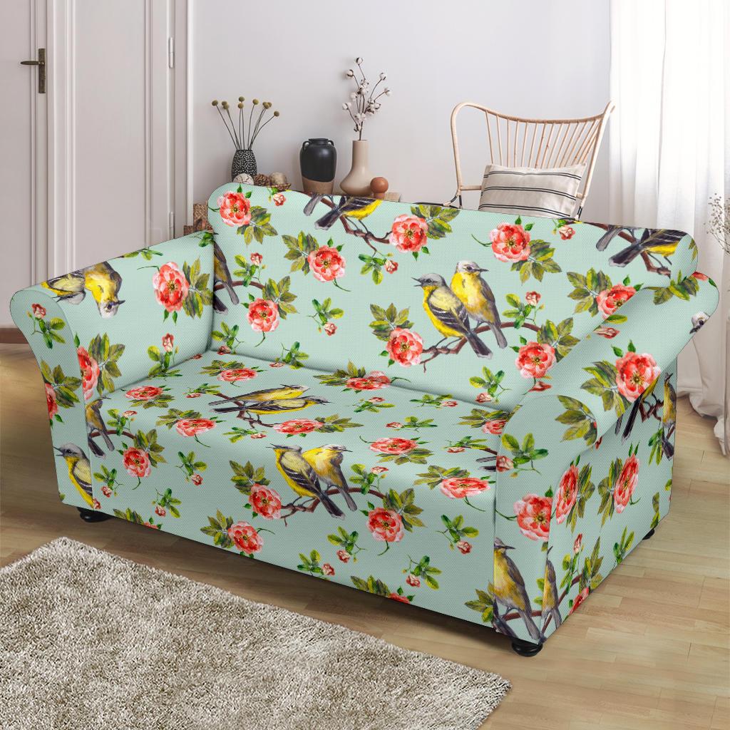 Bird with Red Flower Print Pattern Loveseat Slipcover-JTAMIGO.COM