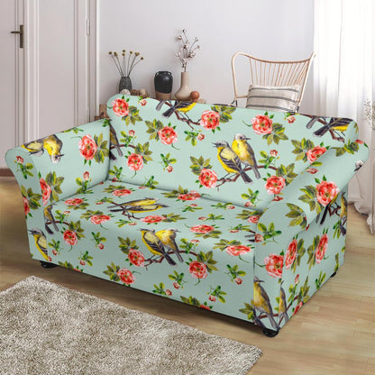 Bird with Red Flower Print Pattern Loveseat Slipcover-JTAMIGO.COM