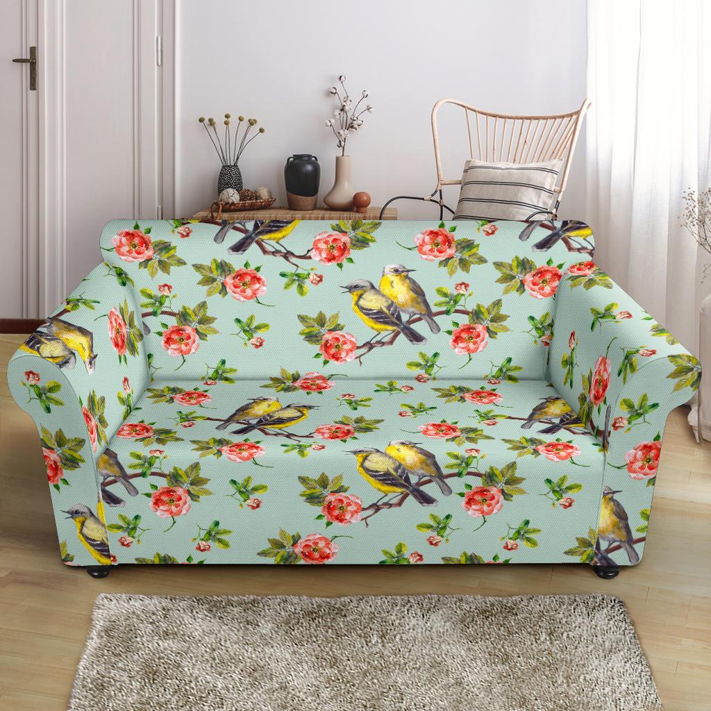 Bird with Red Flower Print Pattern Loveseat Slipcover-JTAMIGO.COM