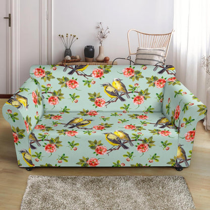 Bird with Red Flower Print Pattern Loveseat Slipcover-JTAMIGO.COM