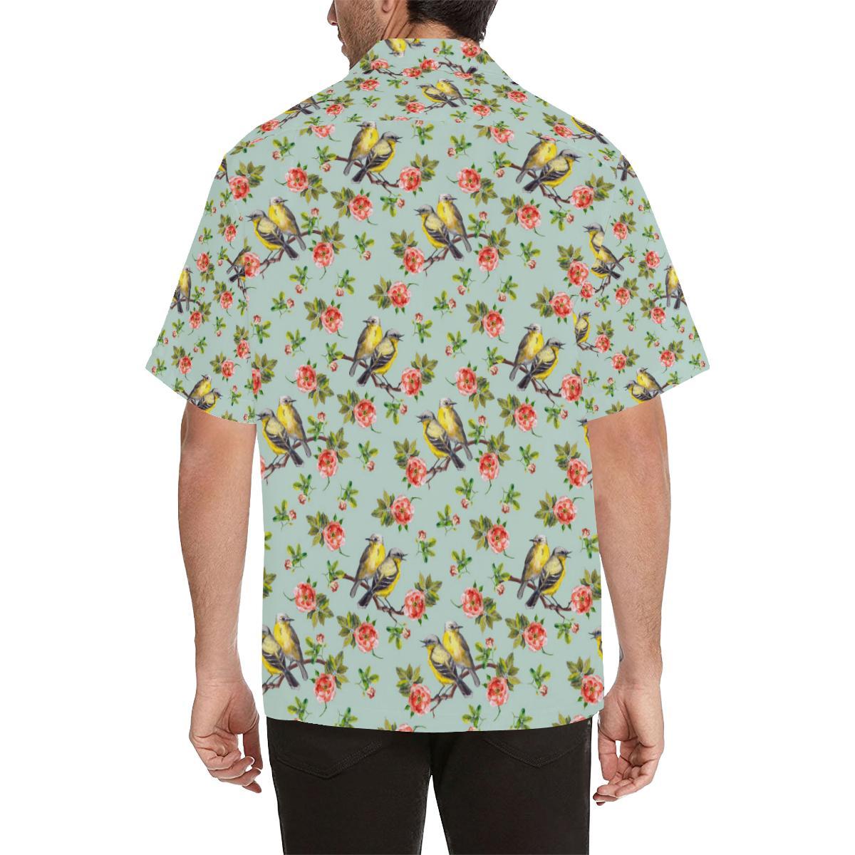 Bird with Red Flower Print Pattern Men Aloha Hawaiian Shirt