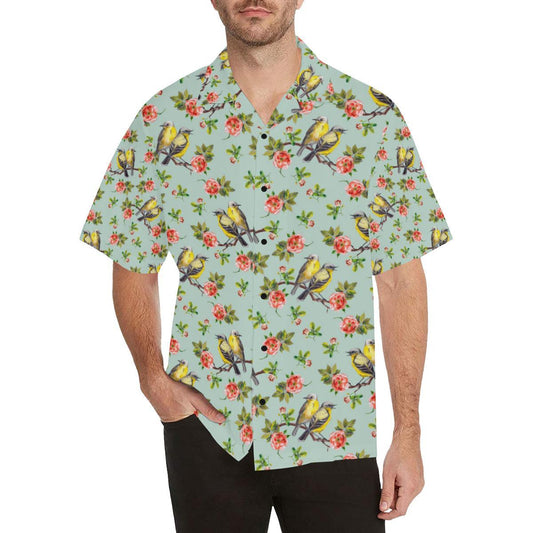 Bird with Red Flower Print Pattern Men Aloha Hawaiian Shirt