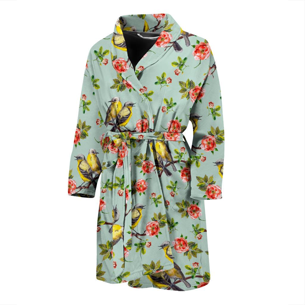 Bird with Red Flower Print Pattern Men Bath Robe-JTAMIGO.COM