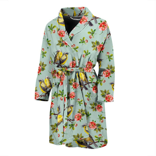 Bird with Red Flower Print Pattern Men Bath Robe-JTAMIGO.COM