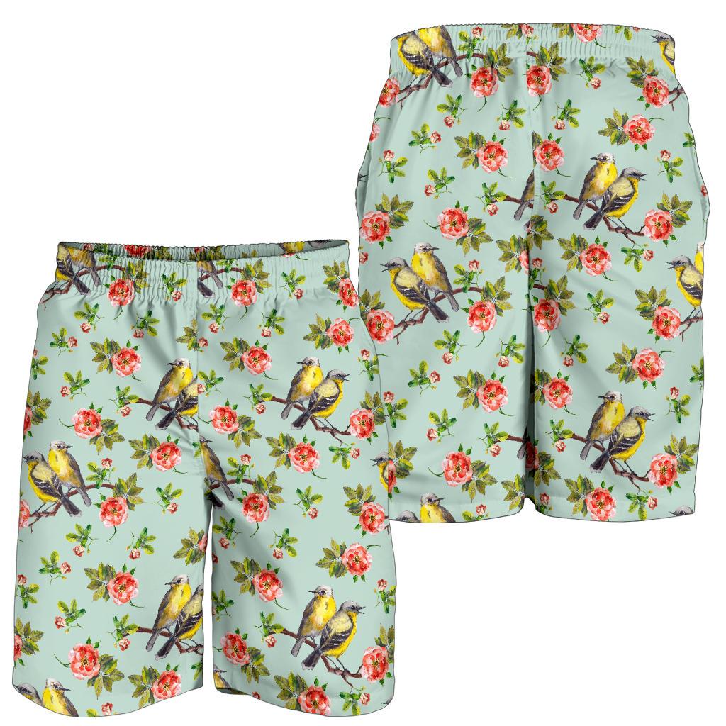 Bird with Red Flower Print Pattern Mens Shorts-JTAMIGO.COM