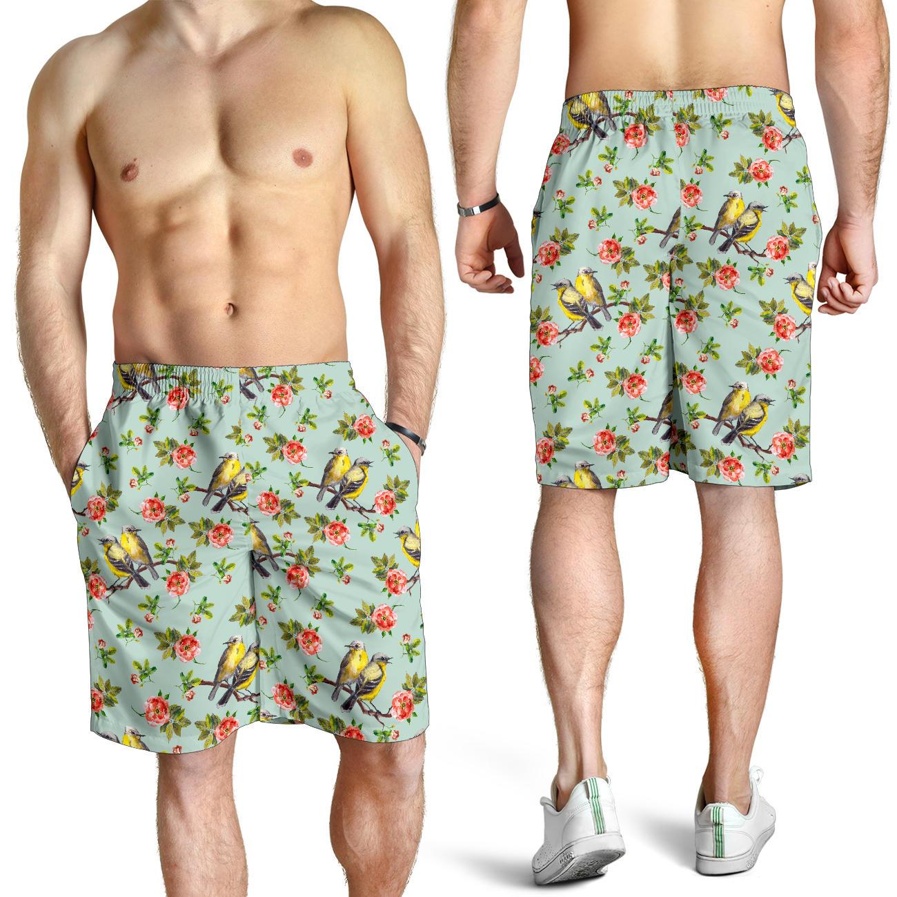 Bird with Red Flower Print Pattern Mens Shorts-JTAMIGO.COM
