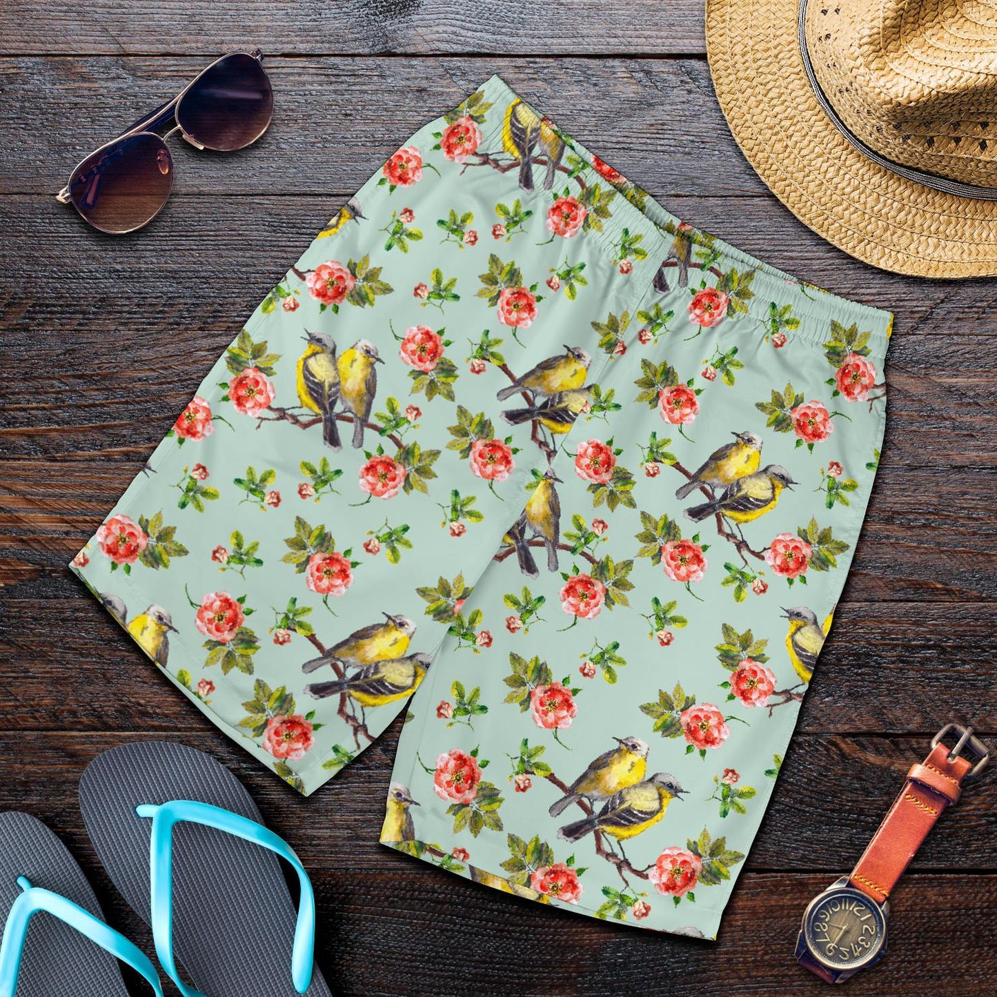 Bird with Red Flower Print Pattern Mens Shorts-JTAMIGO.COM