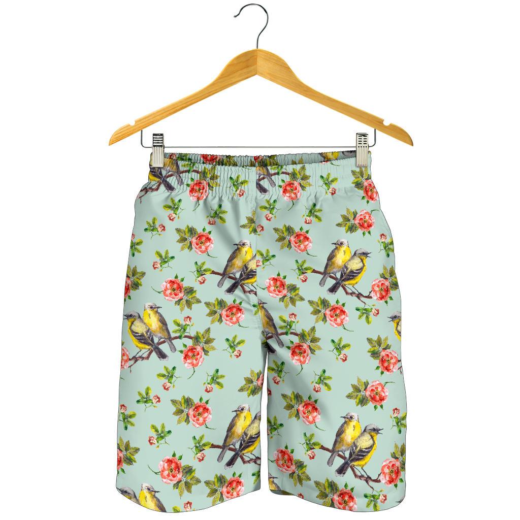 Bird with Red Flower Print Pattern Mens Shorts-JTAMIGO.COM