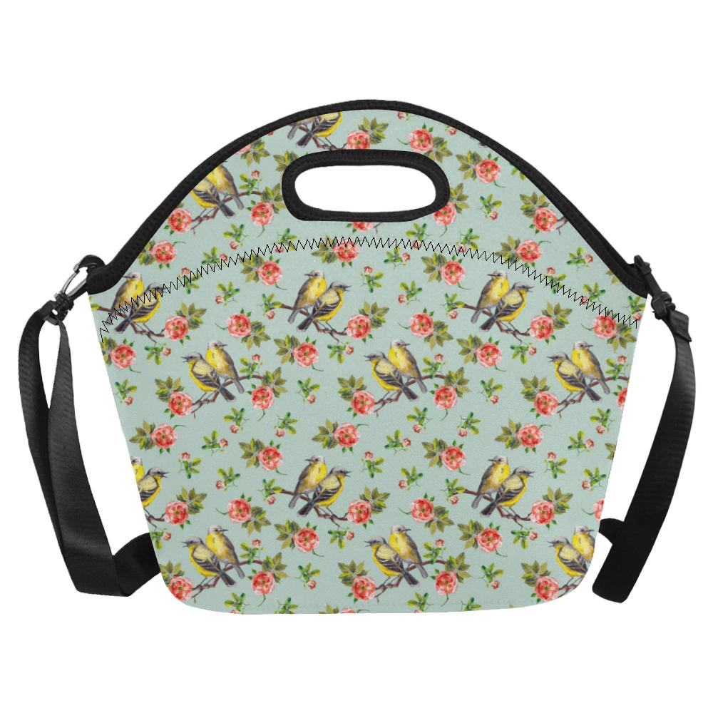 Bird with Red Flower Print Pattern Neoprene Lunch Bag (Model 1669)(Large)-JTAMIGO.COM