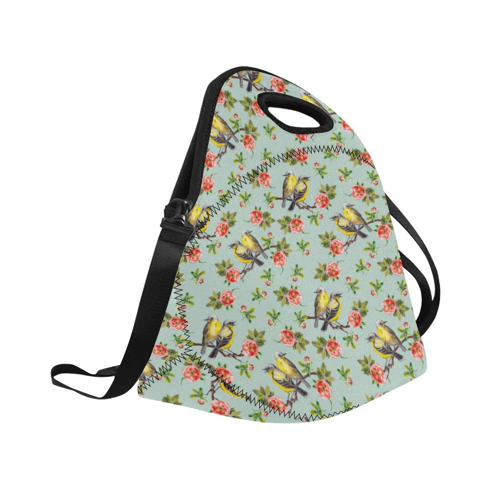 Bird with Red Flower Print Pattern Neoprene Lunch Bag (Model 1669)(Large)-JTAMIGO.COM