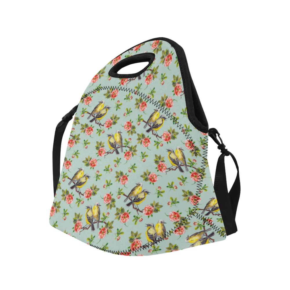 Bird with Red Flower Print Pattern Neoprene Lunch Bag (Model 1669)(Large)-JTAMIGO.COM