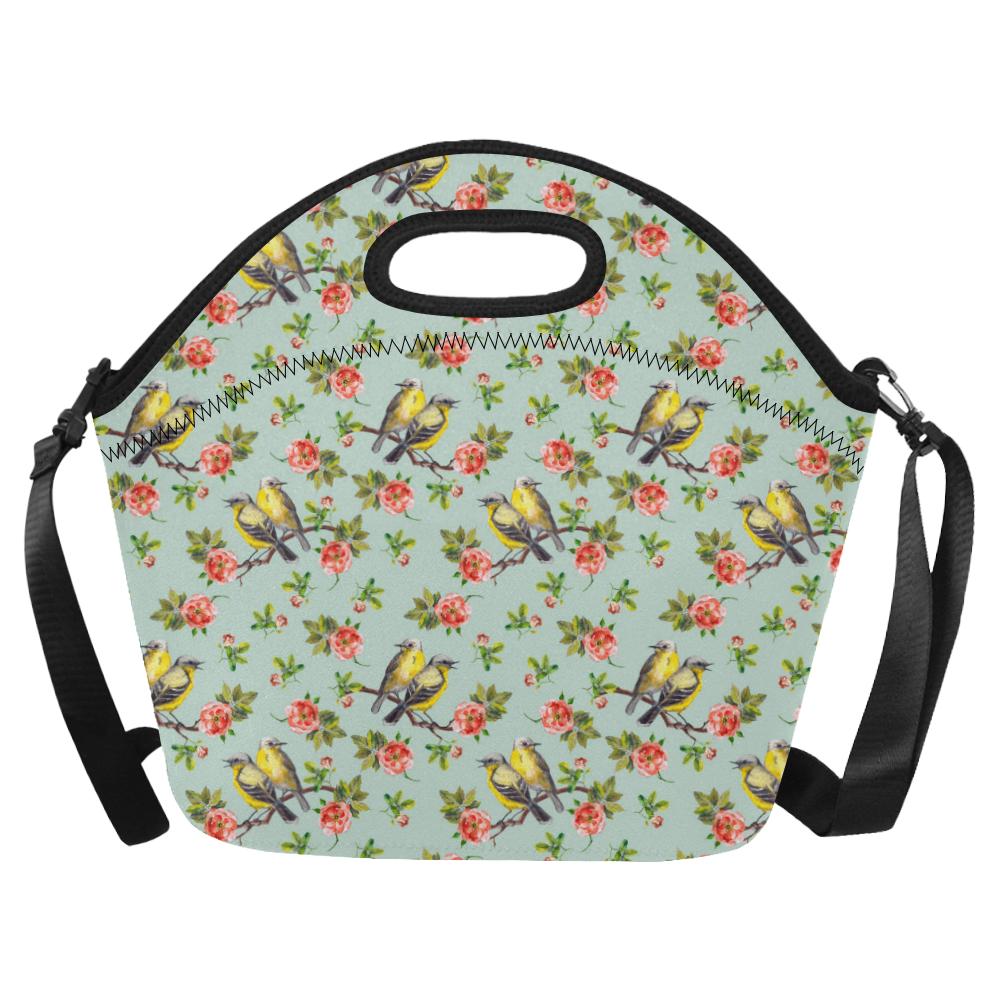 Bird with Red Flower Print Pattern Neoprene Lunch Bag (Model 1669)(Large)-JTAMIGO.COM
