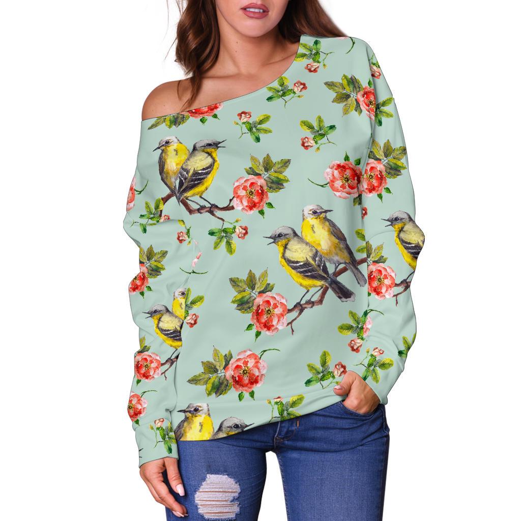 Bird With Red Flower Print Pattern Off Shoulder Sweatshirt
