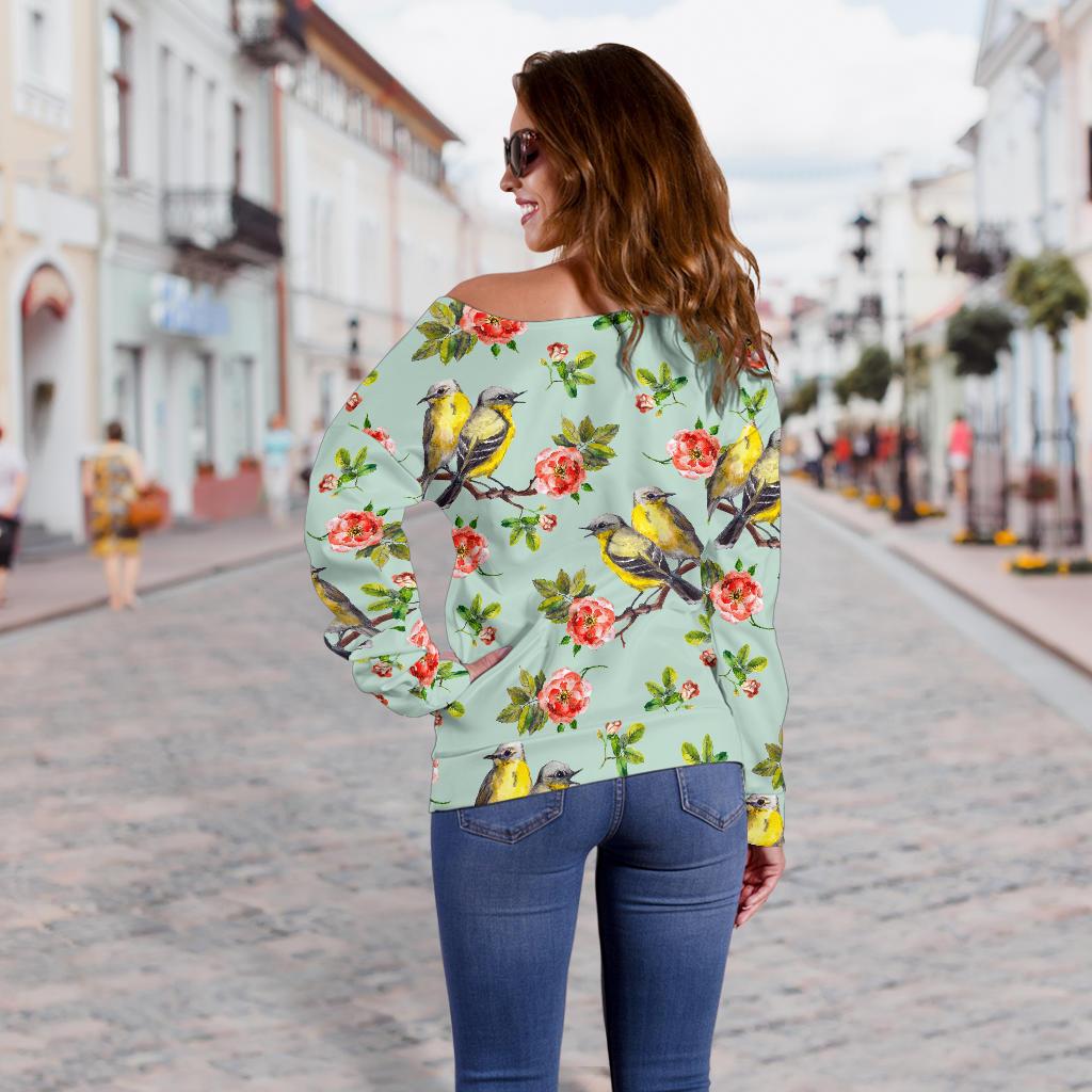 Bird With Red Flower Print Pattern Off Shoulder Sweatshirt