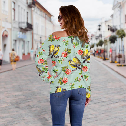 Bird With Red Flower Print Pattern Off Shoulder Sweatshirt