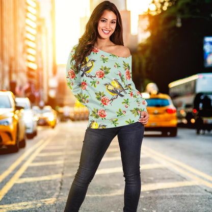Bird With Red Flower Print Pattern Off Shoulder Sweatshirt