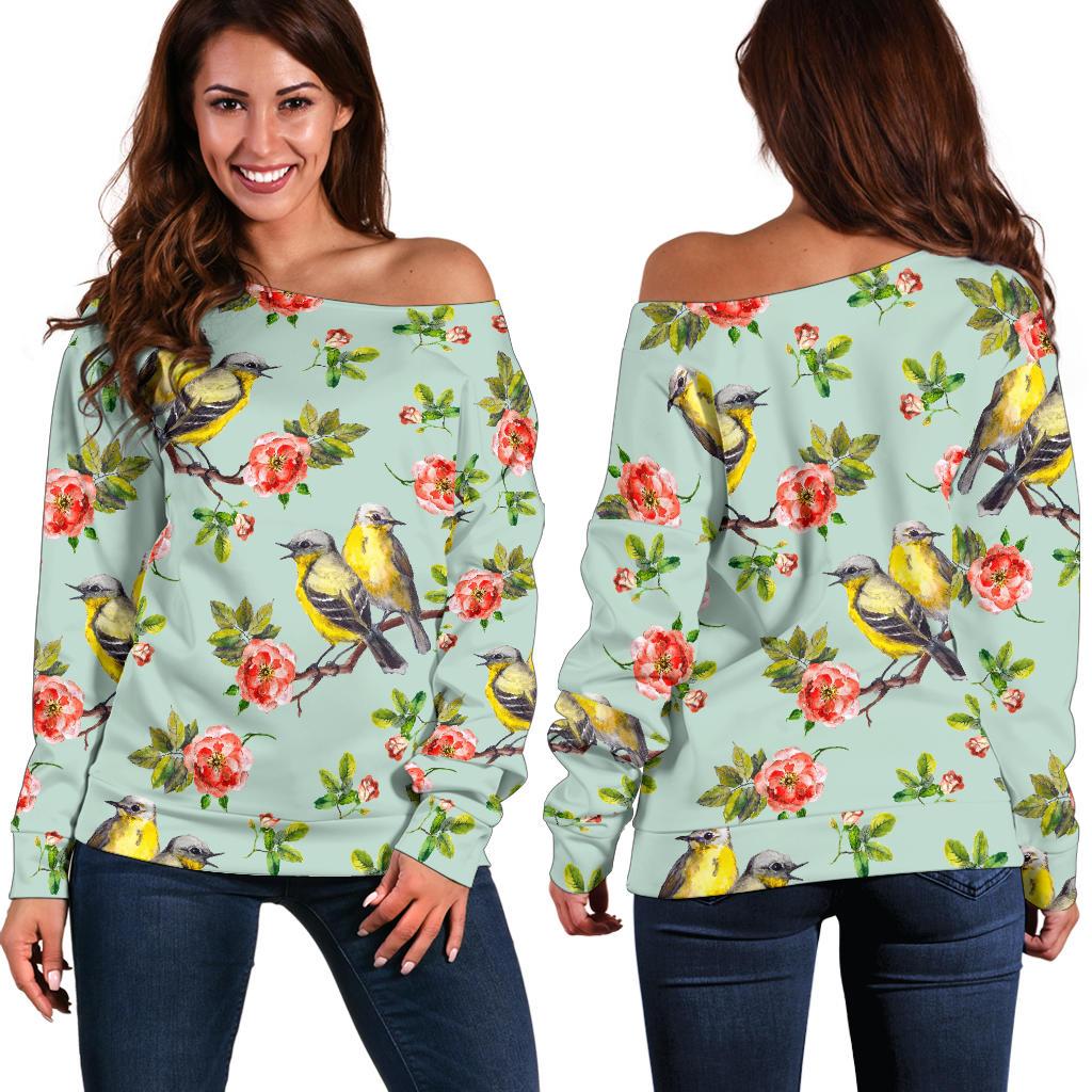 Bird With Red Flower Print Pattern Off Shoulder Sweatshirt