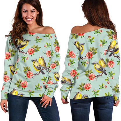 Bird With Red Flower Print Pattern Off Shoulder Sweatshirt