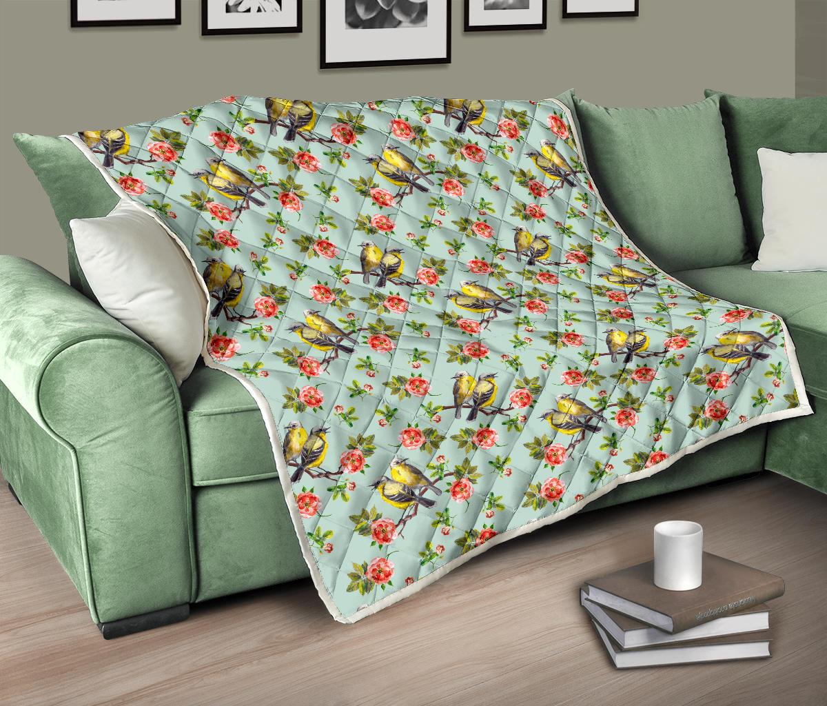 Bird with Red Flower Print Pattern Premium Quilt-JTAMIGO.COM