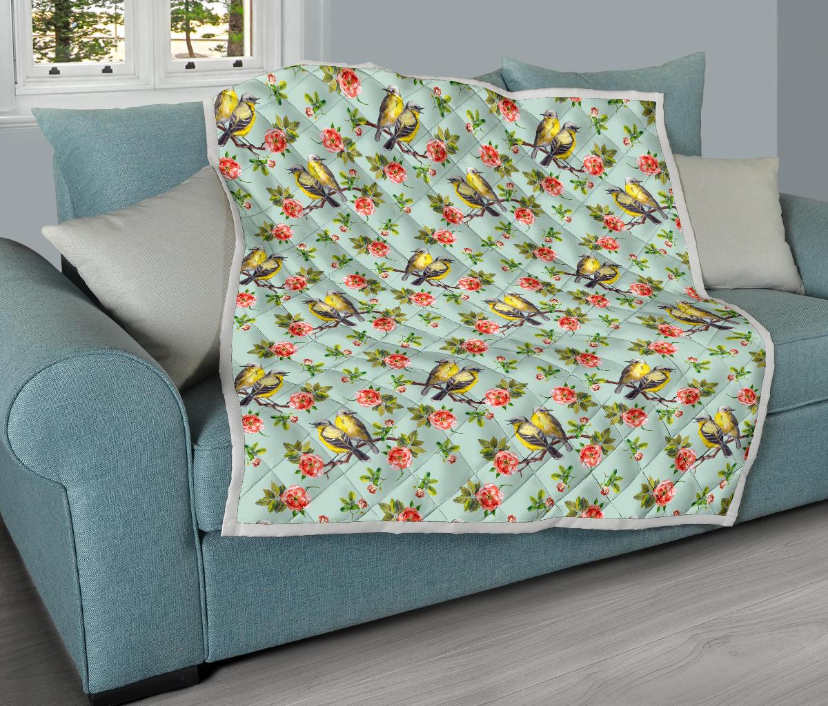 Bird with Red Flower Print Pattern Premium Quilt-JTAMIGO.COM